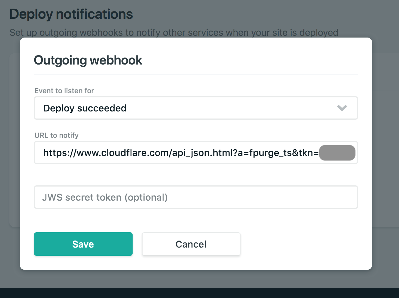 Cache-purge flow — Netlify outgoing webhook calls Cloudflare's purge API after every successful deploy.